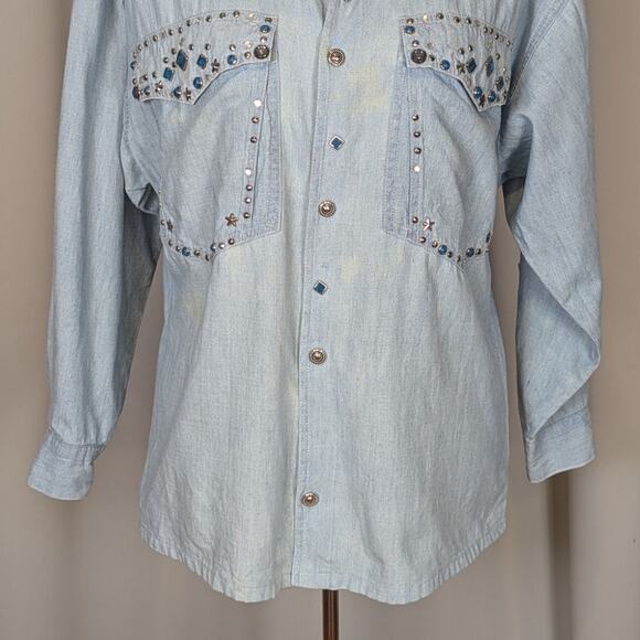90s Vintage Embellished Denim Snap Button Up Shirt Light Wash Size Small - Picture 14 of 16